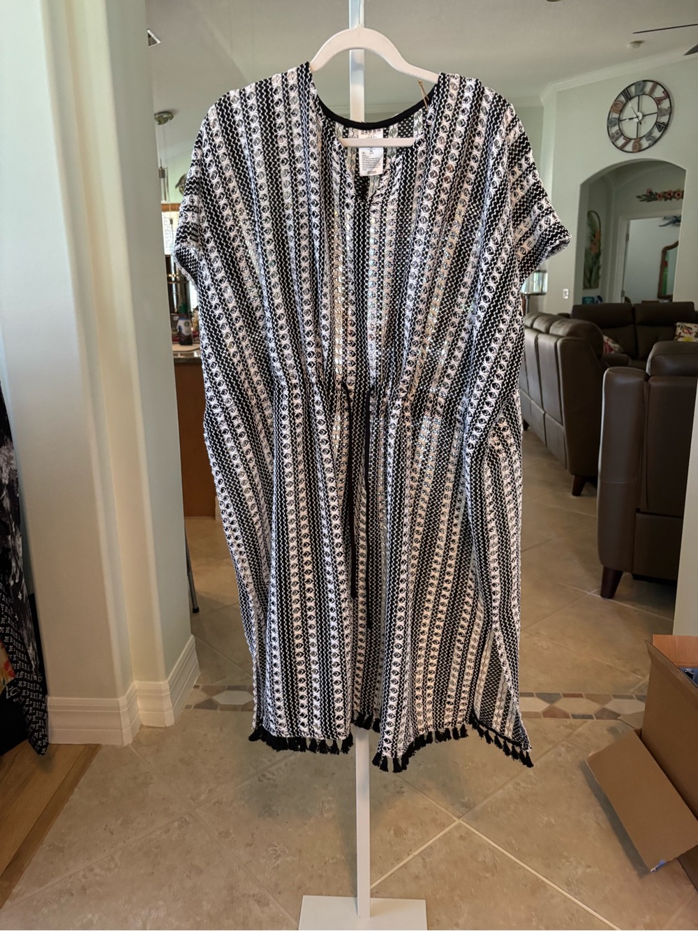 #208 Black & White Striped Tassel Kaftan